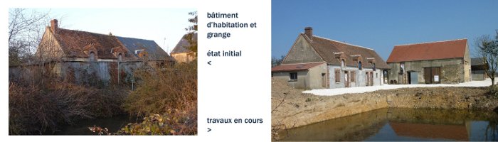 Réhabilitation lourde de la ferme, de 1850, à Montcorbon, dans le Loiret : à gauche, la maison principale, en février 2011, à droite, l'ensemble en mars 2012, travaux en cours